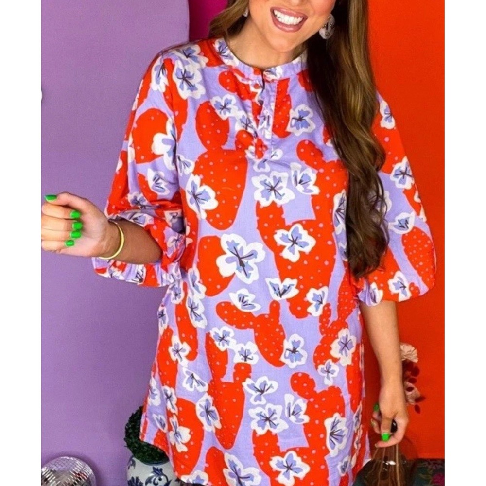 Jodifl Floral Print Shift Dress Pockets Orange Mix Bishop Sleeves M Cottage Core
